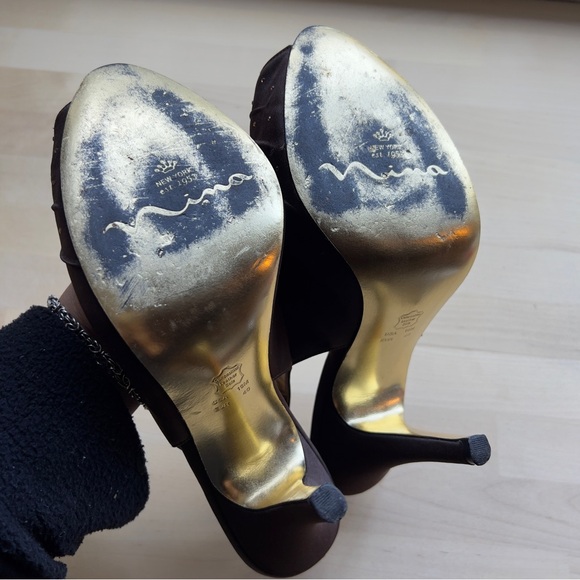 NINA New York Dark Brown Bronze Rhinestones Open Toe Heels Sandals Shoes size 10 - Picture 8 of 12